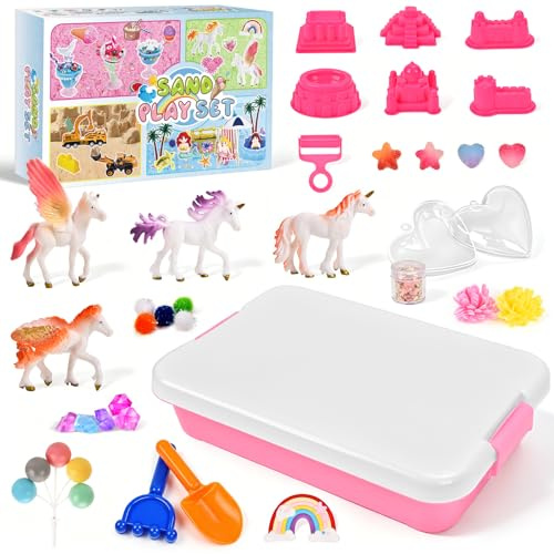 JONRRYIN Materiale Cinetico per Bambini, Kit Cinecreativo Unicorno - Con 1KG Materiale Magico (Rosa e Blu), 4 Figure Unicorno, 30 Accessori, Regalo Unicorno per Ragazzi e Ragazze da 3 4 5 6 7 Anni