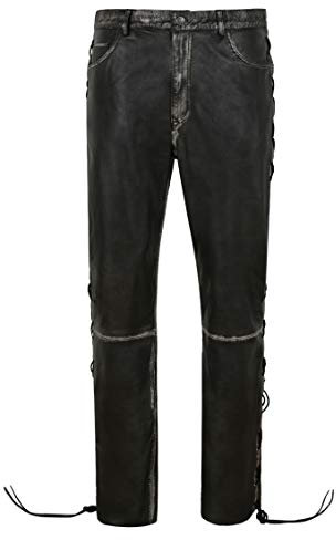 Herren-Biker-Vintage-Lederhose mit Schnürung 100% Lammfell-Reithose 00126 (Waist 40, Black Vintage)