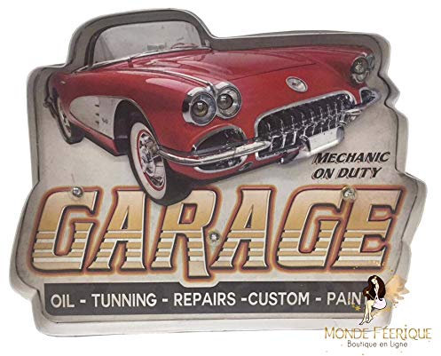 MONDE FEERIQUE Plaque Métal Lumineux Garage Auto Vintage 38cm