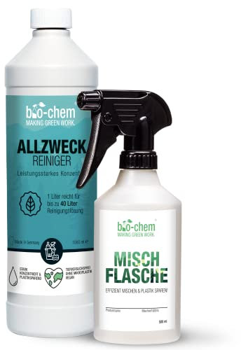 bio-chem Allzweckreiniger Konzentrat - Extrem leistungsstark für hygienische Sauberkeit - 1000 ml + Handspray-Mischflasche 0.5 l - Kraftreiniger Küchenreiniger - für den gesamten Haushalt, Küche & Bad