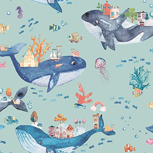 Holden Whale Town Wallpaper Underwater Sea Life Ocean - Soft Teal Green/Multi 13221