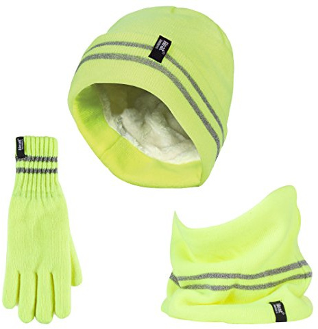 HEAT HOLDERS Hi Vis Hat, Neck Warmer & Gloves Set Reflective Workwear Set for Extreme Cold Weather (L-XL, Yellow)