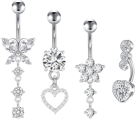 JFORYOU Piercing Ombelico 14G Barrette per Ombelico Penzoloni Anello di Pancia Lunga in Acciaio Inox CZ Fiore Farfalla Ombelico Gioielli Piercing per le Donne Oro Argento