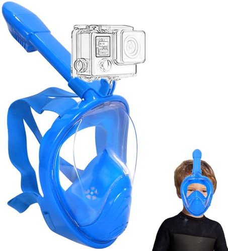 Wsobue Tauchmaske für Kinder,Vollmaske Schnorchelmaske 180° Sichtfeld mit Sportkameras Kompatible, Leichtes Atmen Trocken Schnorchelset für Kinder im Alter 5-14 (Alle Blau XS für Kinder)