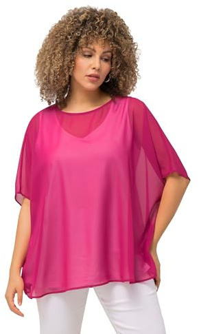 Ulla Popken Blusa di Chiffon dal Taglio Oversize con Scollo Rotondo e Mezze Maniche 825815