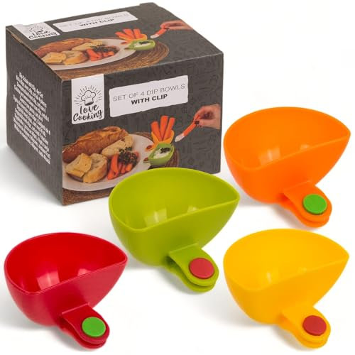 MIJOMA | 4er Set Dip-Schale mit Clip | Praktisch und Farbenfroh | Sparen Sie Platz auf dem Teller mit diesen Mini-Bowls, 7,5 cm Durchmesser | Bunter, BPA-freier Kunststoff