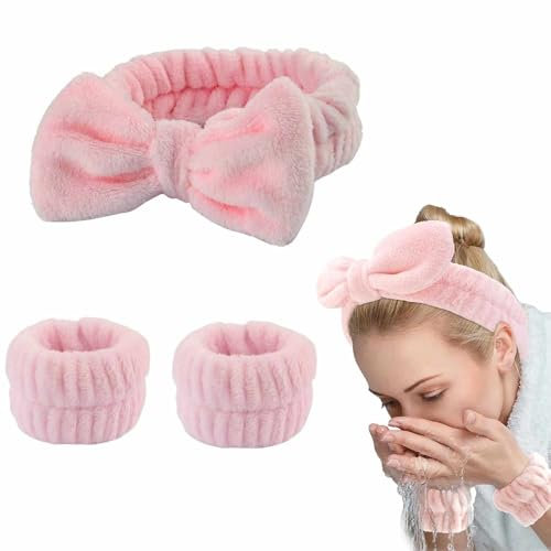 IMAXWAVE Kit de Spa para Cuidado Facial: Diadema Suave en Forma de Lazo y Muñequeras Absorbentes para Maquillaje y Tratamientos de Belleza, Ideal para Rutinas Diarias y Spa en Casa - Rosa