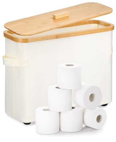 BS-VOG Porta Rollos de Papel Higiénico, Cesta para 12 Rollos con Tapa, Caja de Madera con Pies Elevados para Organizador de Baño, Beige