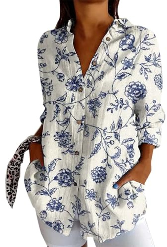 Chemisier Femme Manche Longue à Boutons imprimé Ethnique Chemise bohème pour Femme d'été Blouse Femme Long col en v Exotique Tunique Ample Fluide Chic Casual Vintage Folklore (Light Blue, M)