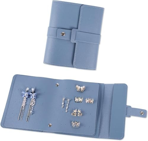 Jewellery Storage Bag, Portable Flip-Style Earring Organizer Book, PU Leather Jewelry Travel Pouch for Travel Accessories Necklaces Bracelets, 16*14*4.5cm Foldable Roll Book of Earrings, Blue