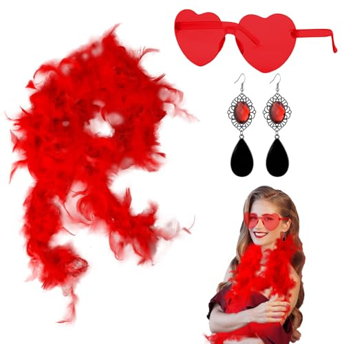 GWAWG Lot de 3 boas en plumes multicolores de 2 m avec lunettes en forme de cœur et boucles d'oreilles rouges - Boas moelleux élégants pour carnaval, fête, mariage, décoration festive, Rouge
