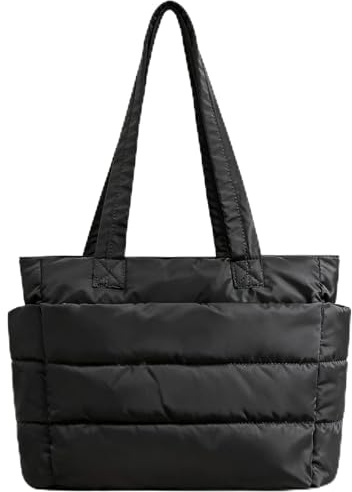 charlore Tote Bag for Women with Zipper, Soft Lightweight Puffy Tote Bag with Compartments, Quilted Shoulder Bag Handbag for Travel, Work, Sport (black, Small)