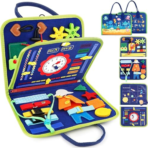 LATERN Busy Board Montessori Toy for Kids, 28CM x 21CM Educational Learning Activity Sensory Board Developing Sensory Fine Motor Skills Toy for Boys Girls Gift Plane Car Travel (Blue)