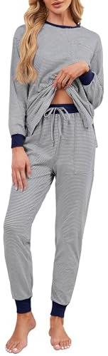 Namatime pyjamas dam lång bomull tvådelad pyjamas ränder nattkläder med fickor