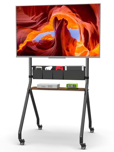 Support TV roulant avec sacs de rangement, design esthétique anti-collision, chariot TV mobile pour écrans LCD/LED/OLED plat/incurvés de 32 à 75 pouces, peut supporter jusqu'à 100 kg de hauteur
