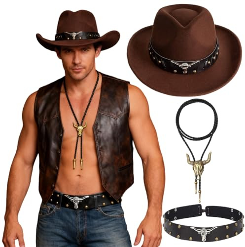Cappello Da Cowboy Occidentale Nero, Cintura Da Cappello Da Cowboy Retro Regolabile, Bronzo Cravatte Da Cowboy In Pelle, Festa A Tema, Carnevale Di Halloween Regali Costumi
