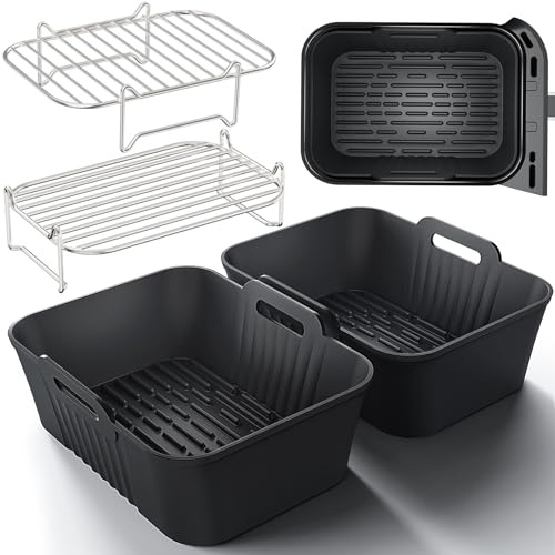 HONYAO Accesorios para freidora de aire, 4 Piezas Moldes Silicona & Rejillas Freidora de Aire para Cecotec 9L, Cosori 8,5L-10L, Ninja 9,5L, Philips 10L y otras Air Fryer Dual Zone 8L-10L