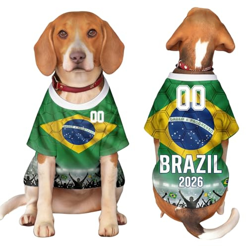 Generico Maglia Personalizzata Cane, Mondiali 2026 Personalizzata – Abbigliamento con Bandiera Paese, Maglia Sportiva Leggera Traspirante – Regalo, per Tifoso Calcio (Brasile)