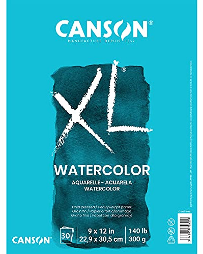 Canson XL Series Watercolor Pad, Heavyweight White Paper, Foldover Binding, 30 Sheets, 9x12 inch