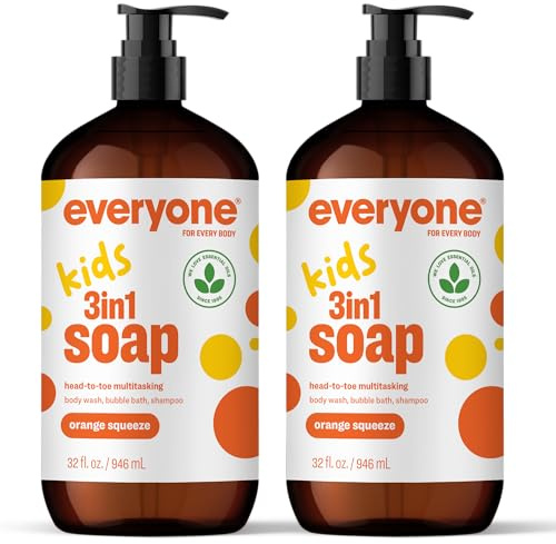 Everyone 3-in-1 Kids Soap, Body Wash, Bubble Bath, Shampoo, 32 Ounce (Pack of 2), Orange Squeeze, made with Essential Oils for Toddlers, Tweens and Teens