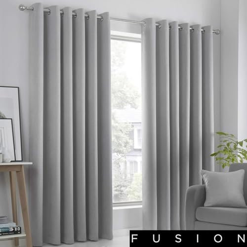 Fusion Strata Woven Eyelet Lined Curtains, Silver, 90 x 90 Inch, 100% Polyester, W228cm (90) x D228cm (90)