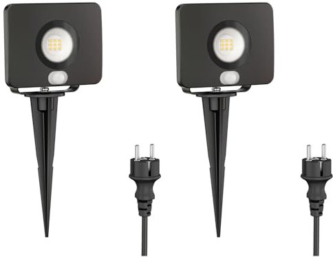 ledscom.de 2x LED trädgårdsspotlight Wega med jordspett för utomhusbruk med rörelsedetektor, svart 10,837W 944lm varmvit
