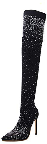 azmodo Womens Fine Stretch Mesh Socks Fit Sparkly Glamor Sexy Thigh High Heeled Boots with Rhinestones, Black, 6.5 UK
