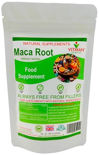 Maca Root 4000mg - 60 Organic Capsules - High Strength Peruvian Maca Root Extract for Men & Women - 2 Month Supply - Vegan Safe - Made in the UK