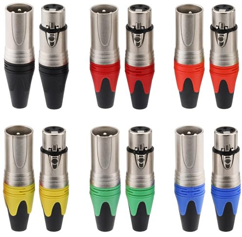 Greluma 6 paia Connettori XLR, Estremità XLR a 3 pin colorate, Microfono audio maschio/femmina Microfono Spina DMX Presa jack, Contatti in rame nichelato, Tipo a saldare