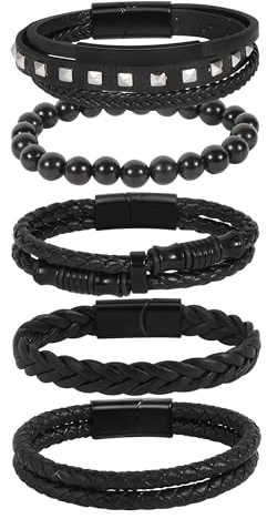 Manfnee Bracciale da uomo Bracciali in pelle per uomo Signore Bracciale in pelle nera intrecciata
