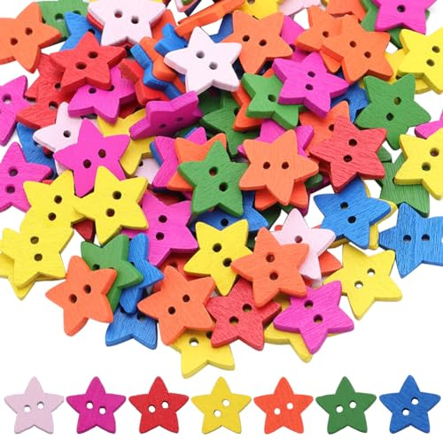 GORGECRAFT 200 Bottone A Stella In Legno In 7 Colori Da 18mm 2 Fori per Cucito Scrapbooking Decorazioni Artigianali Piccolo Mini Bottone con Pentagramma Colorato Colorato Decorazione per Artigianato
