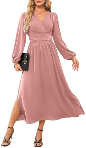 Dokotoo Formal Dresses for Women Elegant Wrap V-Neck Lantern Sleeve Empire Waist Wedding Guest Dress Side Slit Ruched Smocked Maxi Dress Pink Small