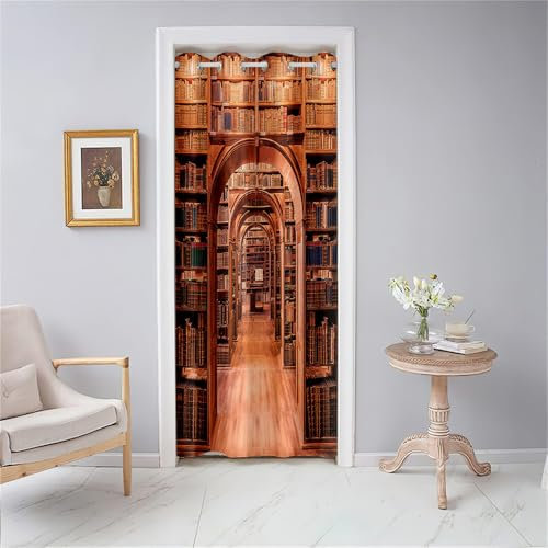 Odot Türvorhang Blickdicht mit Ösen, Verdunklungsvorhänge Vintage-Bücherregal-Druck Vorhang 1 Stück Thermovorhang Wohnzimmer Schlafzimmer Schrank Raumteiler Vorhang (80x180cm,Stil A)