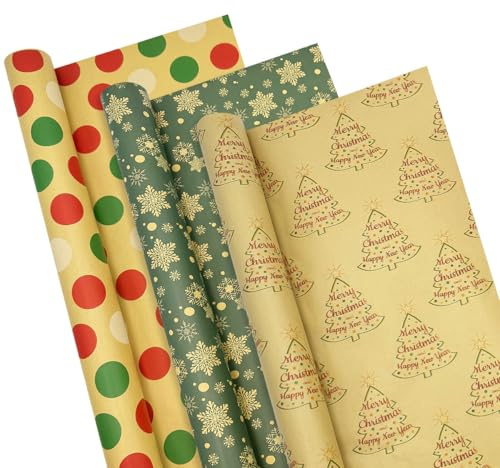 Lot de 3 Rouleaux de Papier Cadeau Géant pour Noël - 76 cm x 4 m, Kraft Imprimé avec Flocons de Neige et Arbres - pour Décorations de Cadeaux de Fête d'Anniversaire