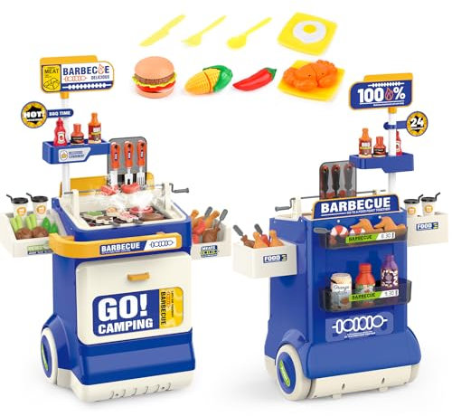 Kinder BBQ Grill Spielzeug, Küche Spielzeug Set, Realistische Rauch BBQ Grill Spielset mit Spielzeug Küche Zubehör, Schneidespielzeug,Soundeffekte Kinder Küchenset Geschenke Für Kinder (Blau)