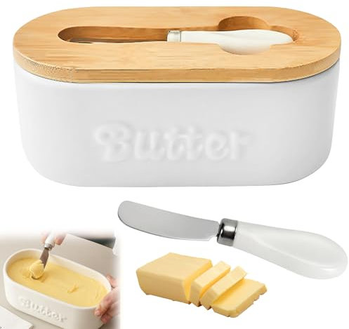 Beurrier En Porcelaine, Boite A Beurre Avec Couvercle En Bois, 500 ML Beurrier En Céramique Avec Couteau À Beurre, Conteneur De Beurre, Beurrier Porcelaine Pour Le Stockage Du Beurre (19X9,4X9 cm)