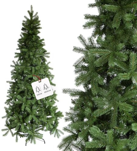 Albero di Natale Slim in PVC Realistico, Ideale per Spazi Ridotti, di Altissima Qualità, 1059 Rami Fitti e Base Stabile, Design Elegante per Decorazioni Natalizie di Classe, 210 cm