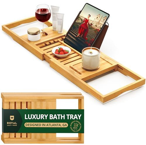 ROYAL CRAFT WOOD Premium Foldable Bathtub Tray Caddy - Wood Bath Tray for Tub, Bamboo Shelf, Expandable Bath Table Trays, Bathtub & Bathroom Accessories for New Home & Mothers, Birthday Gifts for Mom