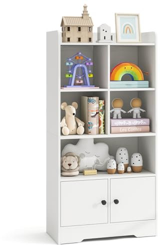 GOPLUS Librería con Puertas, Estante Vertical de Madera con 5 Compartimentos Abiertos y 2 Armarios, Juego Antivuelco, Expositor Independiente para Salón, Oficina, Estudio, 60 x 29,5 x 120 cm