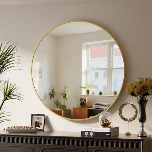 BEAUTYPEAK - Specchio rotondo da 46 cm, specchio da parete anti-rottura con cornice in alluminio, specchio da bagno da appendere e appoggiare, specchio da parete rotondo per camera da letto, bagno