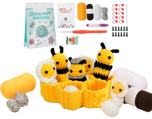 GCFTIFF häckel kit für anfänger,Starter-Set mit Videokurs in englischen Sprache, Schritt für Schritt, strickset für anfänger,häkelset tiere,Häkelbienenset für DIY-Bastelzubehör