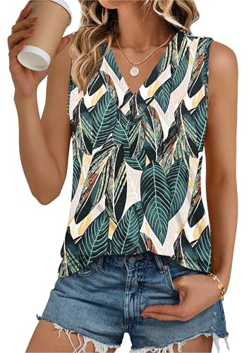 PLOKNRD Débardeur Femme Top Chic Femme Été Col V sans Manches (Feuille de Musabal,L)