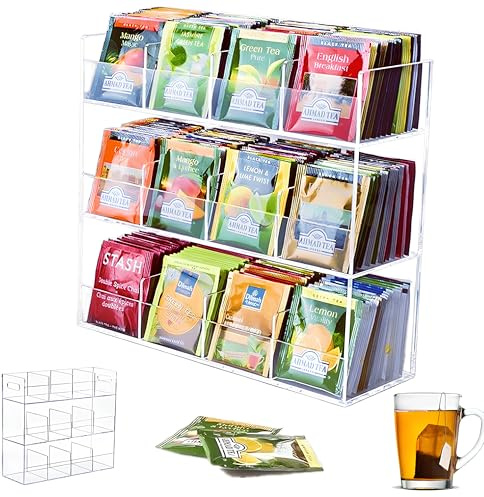Qivine Porta Tisane in Acrilico, Porta Bustine Zucchero con 12 Scomparti e Maniglie, Trasparente Contenitore Scatola per Bustine di Tè, Spezie, Caffè, Cucina, Contiene Fino 216 Tisane