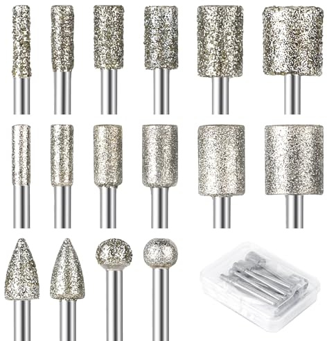 Annickee 16 Piezas Fresas Diamante, Brocas de Diamante con Vástago de 1/8 Pulgadas, Grano 60/ Grano 150, Fresas de Metal para Herramientas Rotativas - Ideal para Molienda, Pulido y Grabado