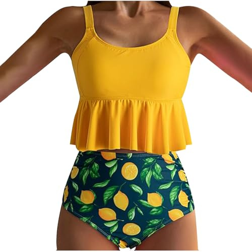 Two Pieces Swimsuit for Women Ruffled Flounce Swim Top with High Waisted Bottom Bikini Set Tummy Control Vintage Printed Swimwear Beach Bathing Suits Swimming Costume UK Clearance