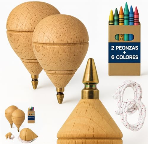AF® - Peonza Madera, Set 2 Peonzas Niños + 6 Ceras de Colores para Niños | Personaliza tu Trompo Madera Tradicional, Diversión para los más peques | Detalle Alumnos Fin de Curso (2 Puntas Boligrafo)