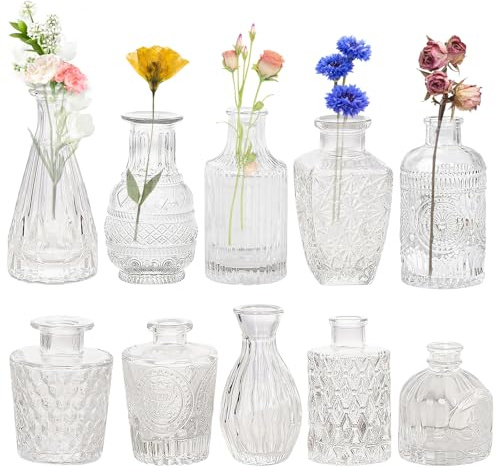 Pequeños jarrones para decoración de mesa, juego de 10 mini jarrones, jarrones pequeños de cristal vintage, jarrones decorativos de diferentes tamaños, jarrón de flores de cristal, juego de jarrón