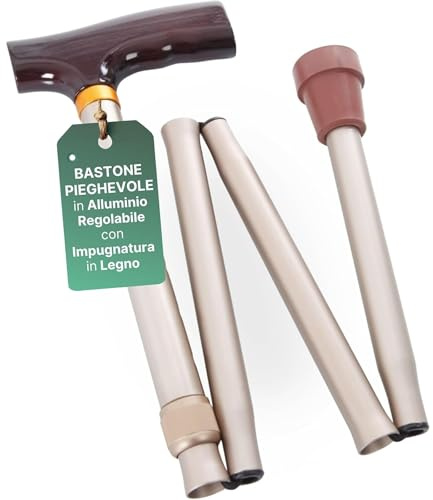 REMEDIA ONE - Bastone per Anziani Pieghevole in Alluminio Anodizzato con Impugnatura in Legno, Bastone da Passeggio Regolabile H. 77,5-87,5 cm - Bronzo