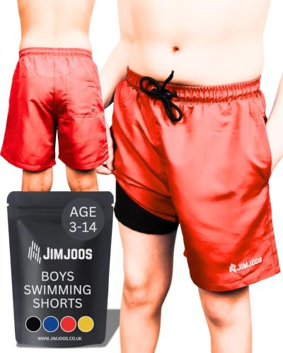 JIMJOOS Boys Swimming Shorts (Ages 3-14) – Quick-Dry Swim Trunks with Adjustable Drawstring & Boxer Mesh Lining – Kids Swim Shorts with Pockets (13-14 Years, RED)
