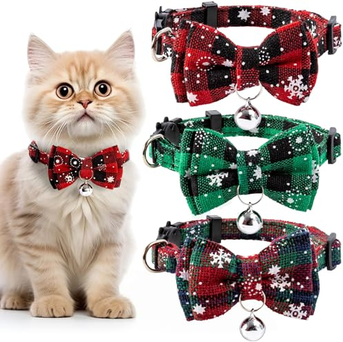 Christmas Cat Collar with Movable Bowtie, Breakaway Buckle Safety Kitty Kitten Collar with Bell, Adjustable Pet Collar for Cats and Puppies, Pet Supplies for Christmas